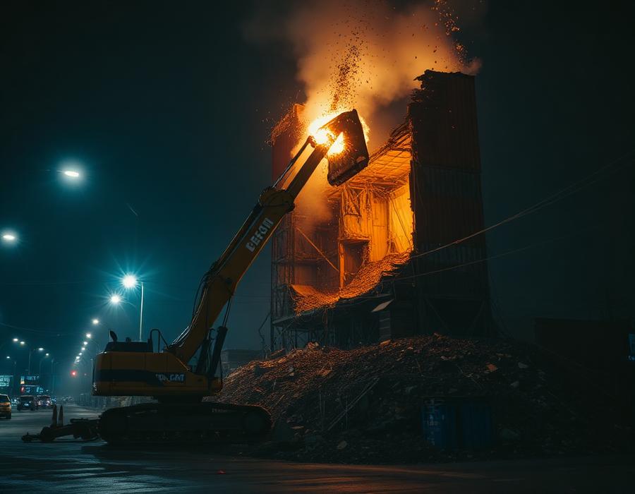 Night demolition of a commercial structure